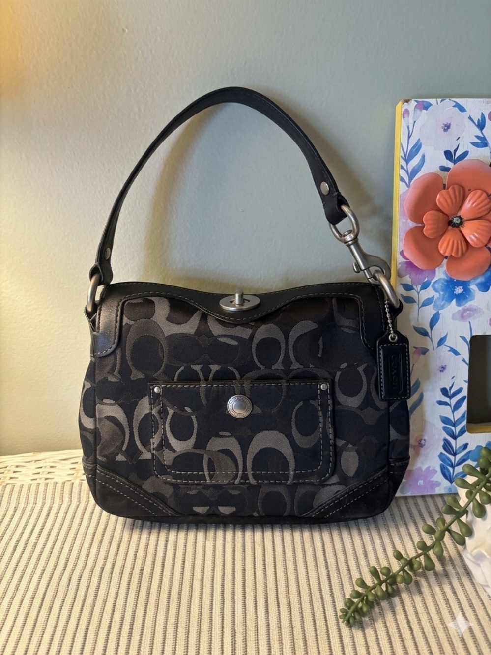 Coach Black and Charcoal Canvas Shoulder Bag